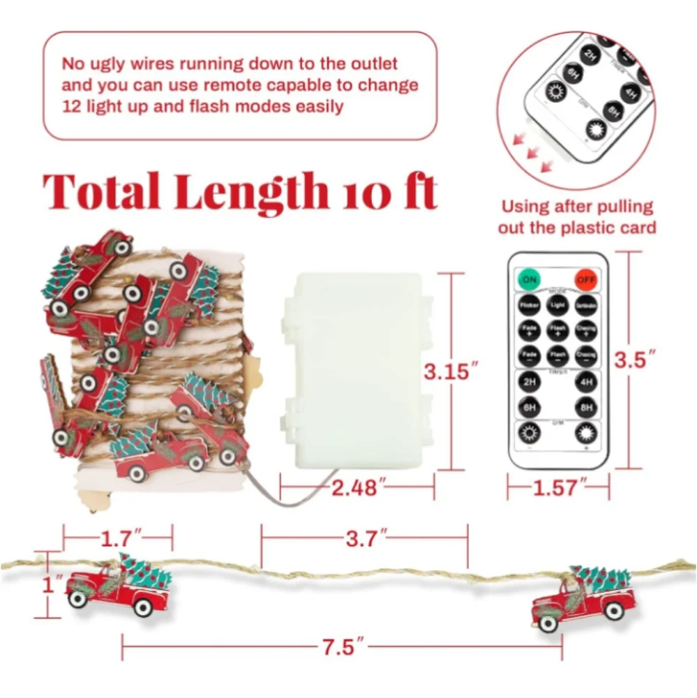 Festive Red Truck String Lights 10 Ft With Remote NWT